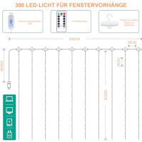 Sunlisky světelný závěs 3x3m 300LED pohádkové světelné závěsy, 8 režimů IP65 vodotěsné, LED pohádkové světelné závěsy s časovače